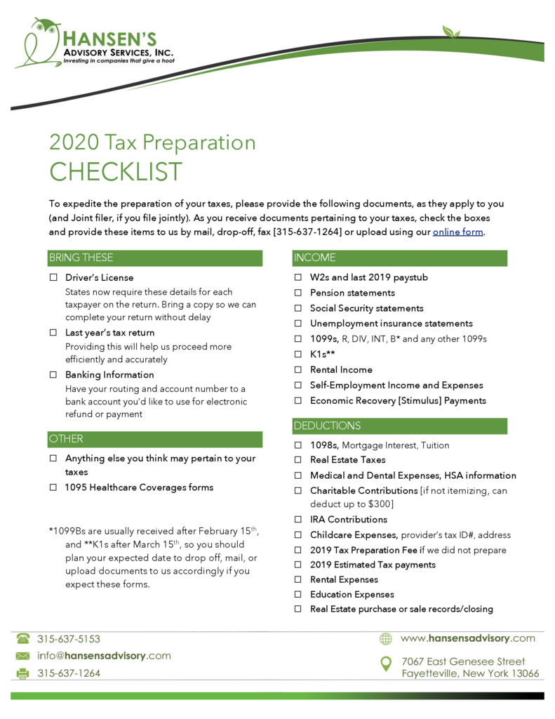 Tax Preparation – Hansen's Advisory Services, Inc.